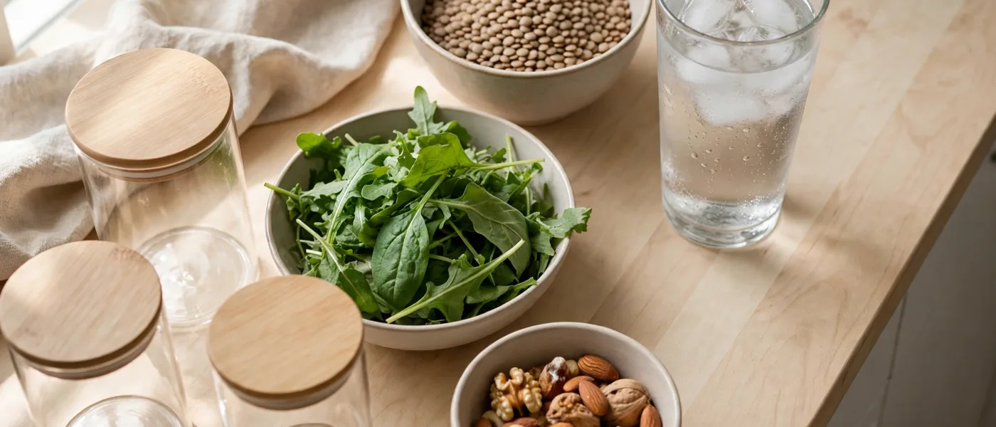 Kitchen counter with leafy greens, lentils, nuts and a glass of water