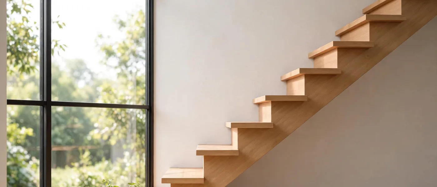 Wooden staircase steps rising beside a bright window with greenery outside