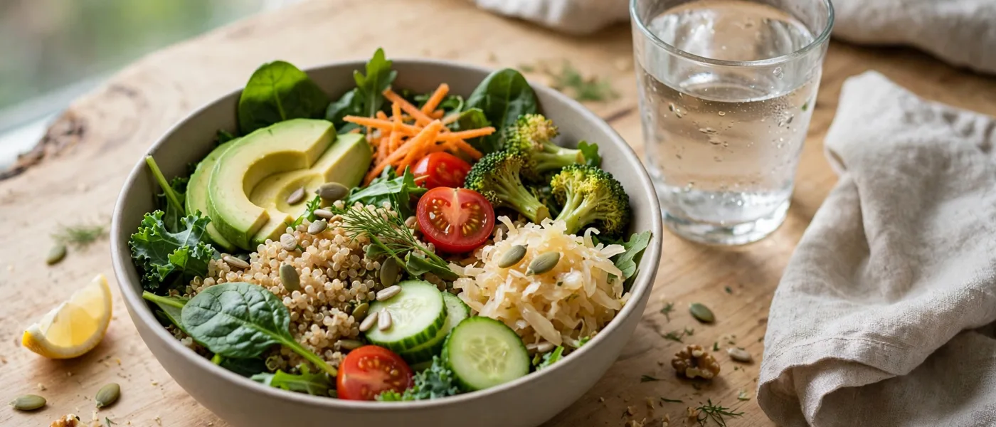 A bowl of leafy greens, grains and vegetables with a glass of water