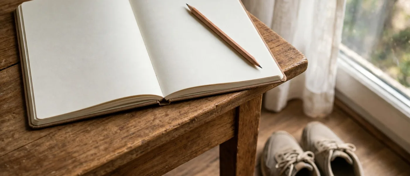 Notebook and pencil on a wooden desk beside a window in natural light