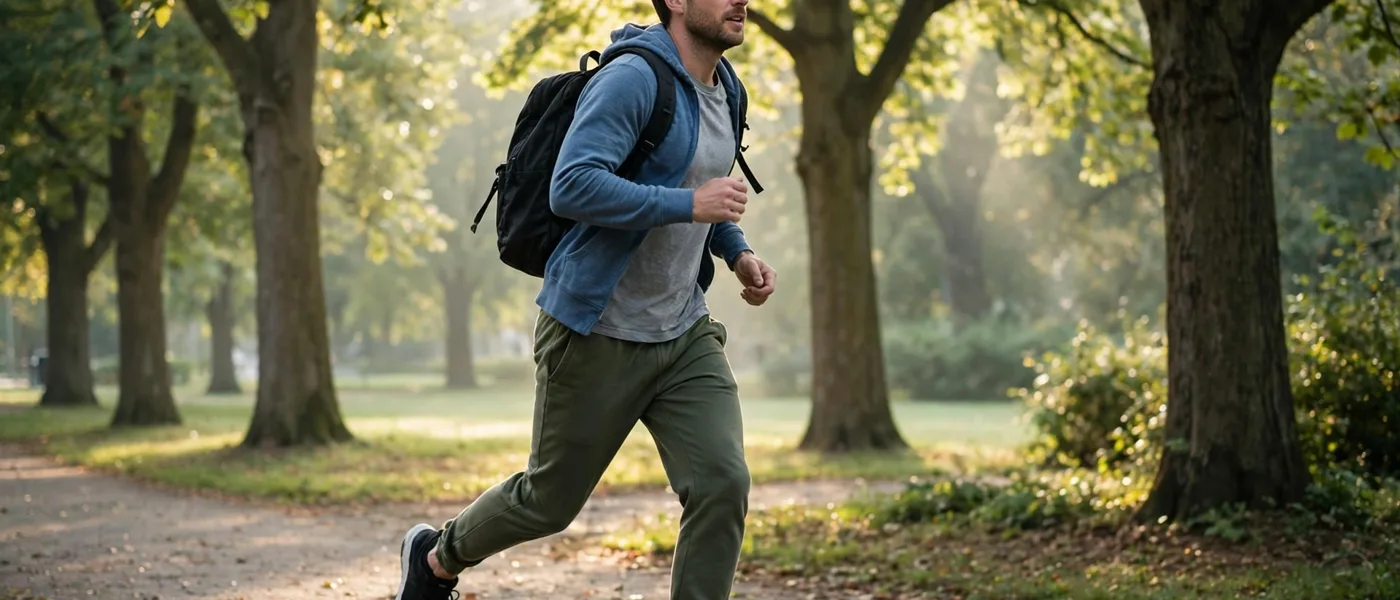 Adult walking briskly on a tree lined park path in morning light