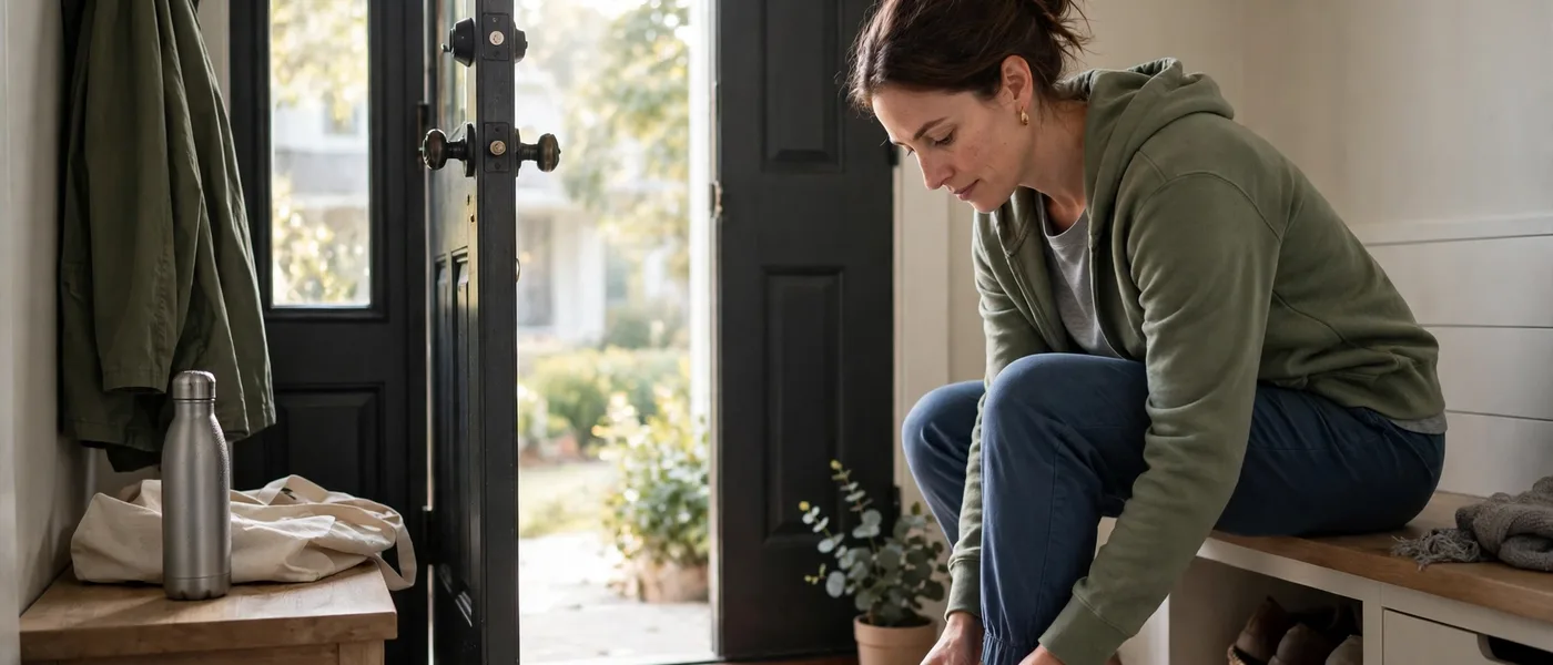 Person lacing walking shoes by a front door in morning light