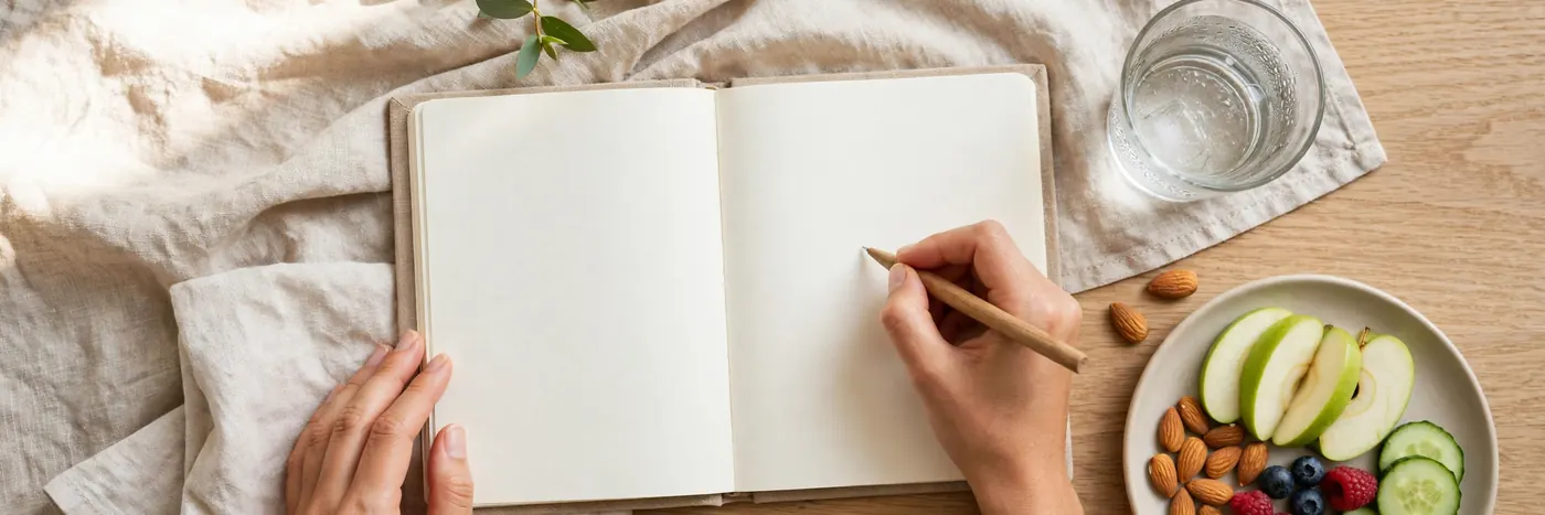 Hands writing in a blank journal with water and a healthy snack nearby