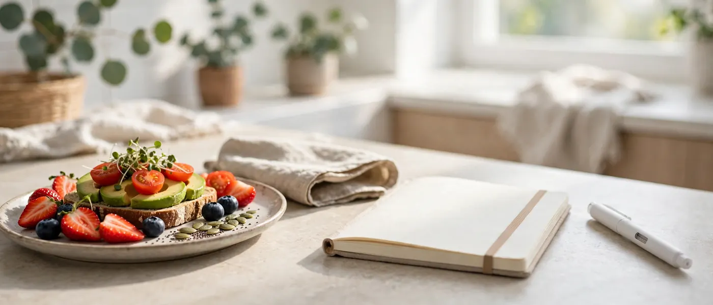 Healthy breakfast plate, notebook and an injection pen on a kitchen counter