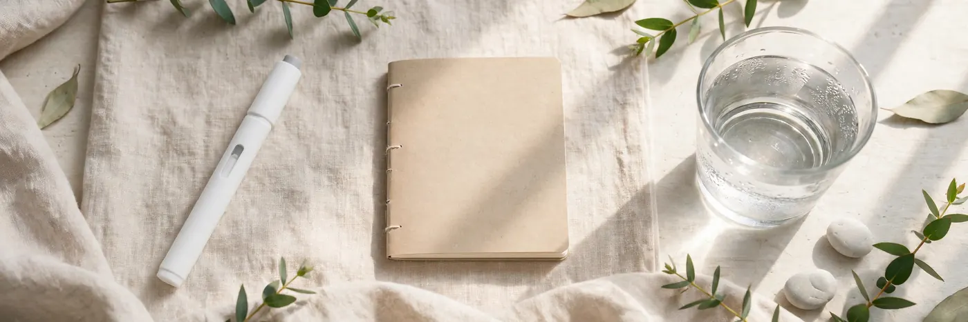 Plain white injection pen, notebook and a glass of water on linen, seen from above