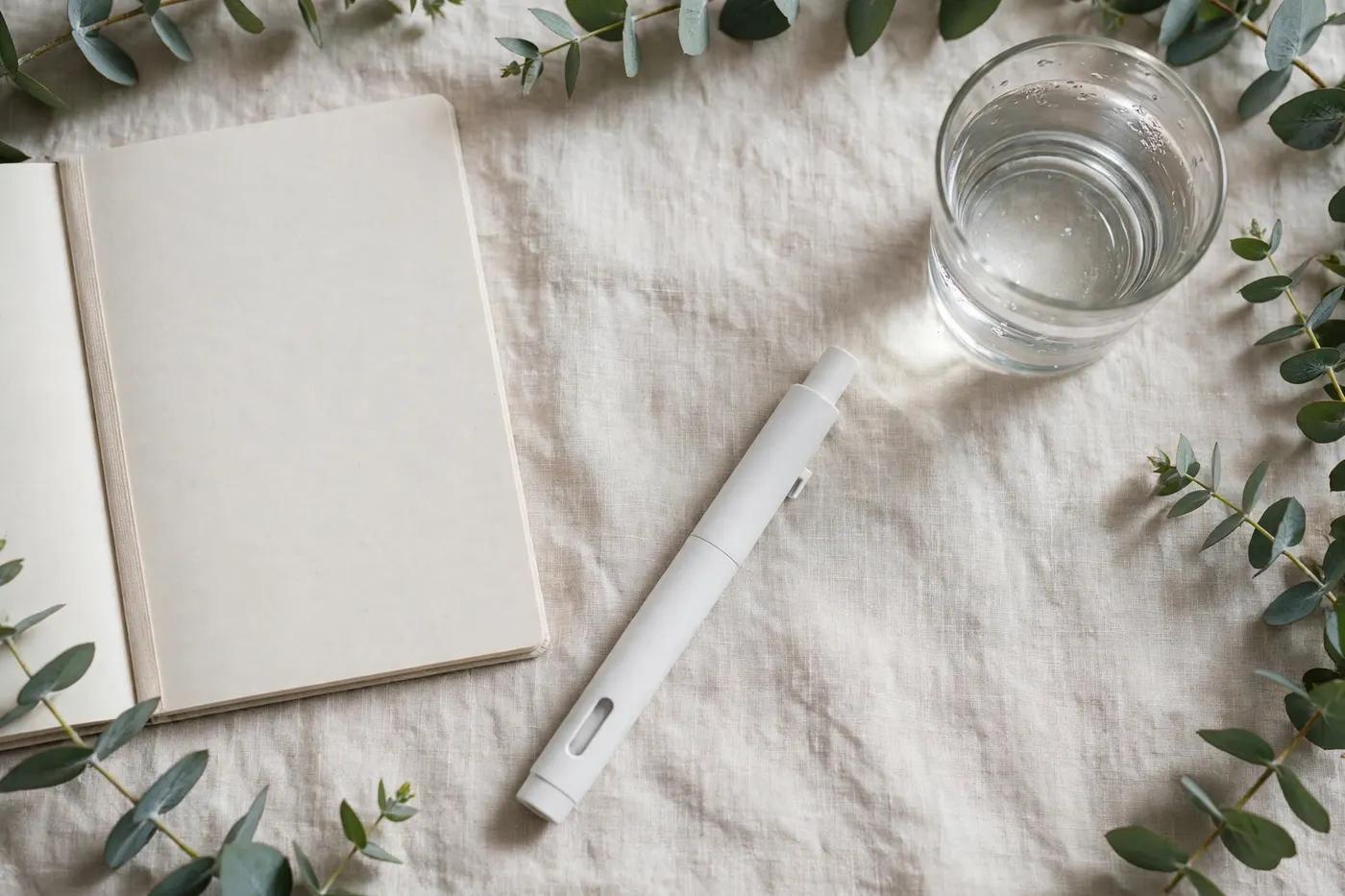 White injector pen, open notebook and a glass of water in a flat lay on linen