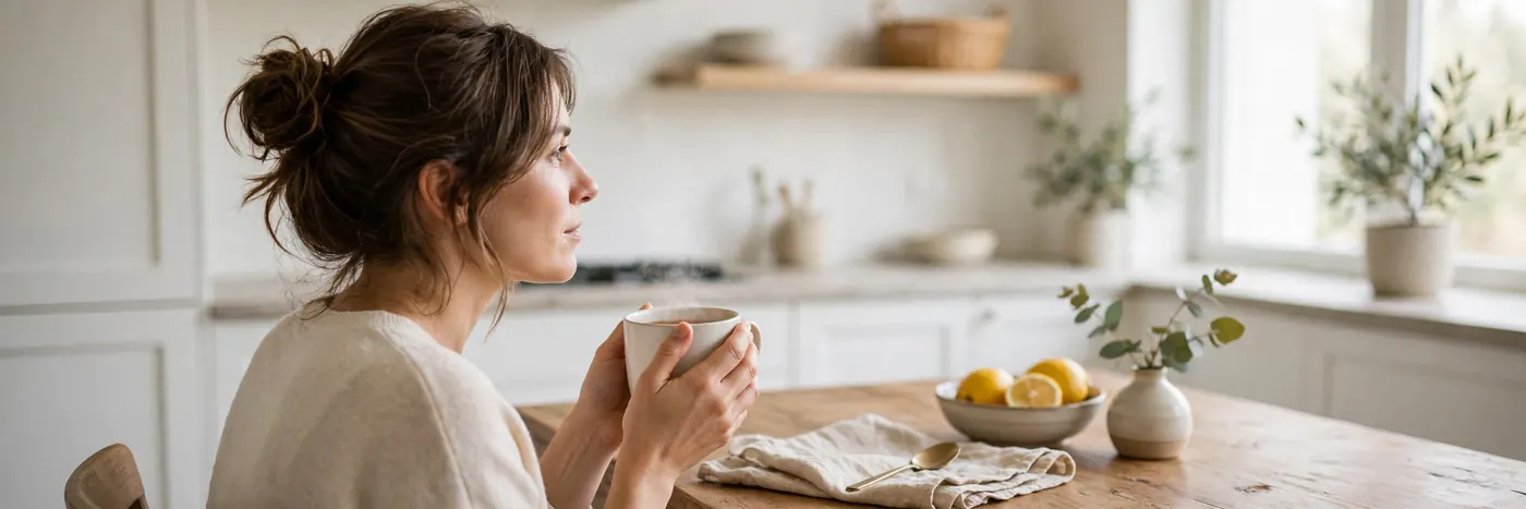 Woman holding a warm mug with both hands at a kitchen table