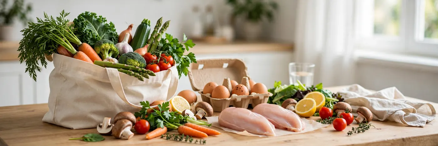 Bag of fresh groceries with vegetables, eggs and chicken on a kitchen table