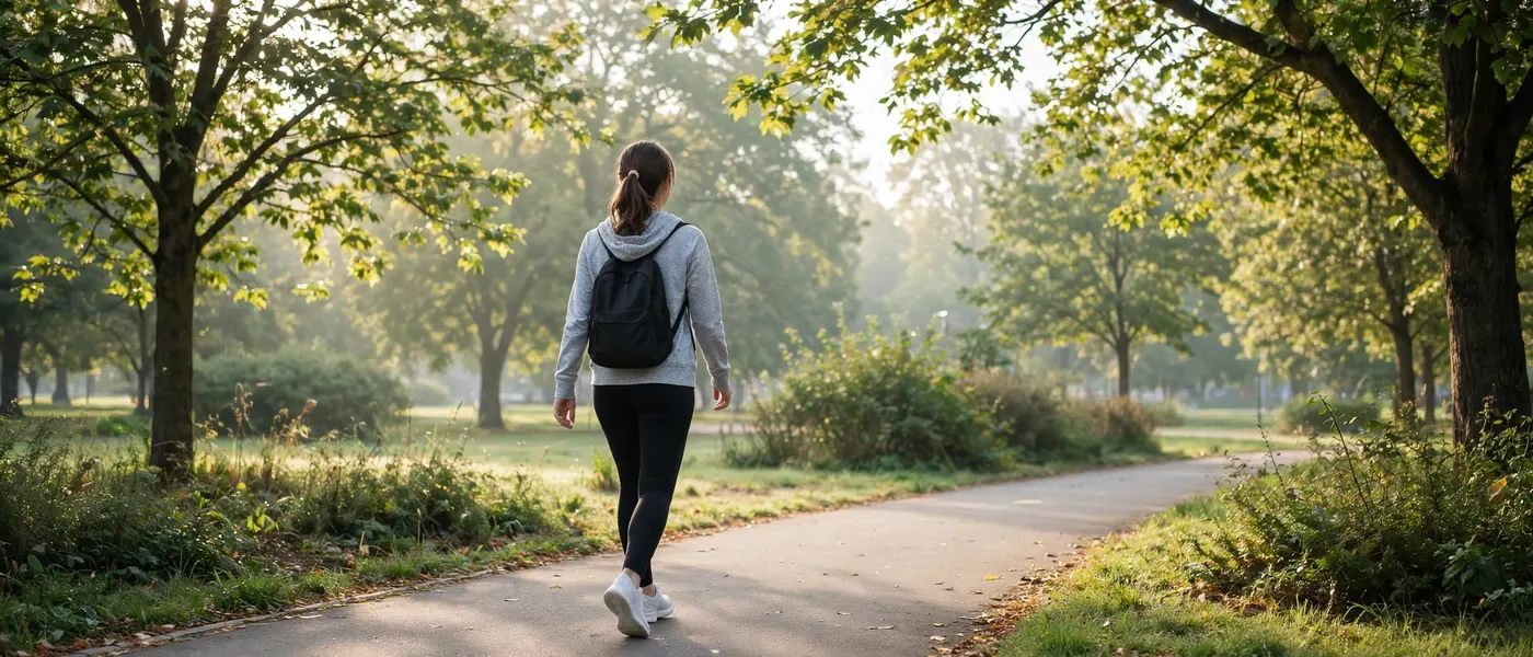 Woman walking on a park path in morning light, seen from behind