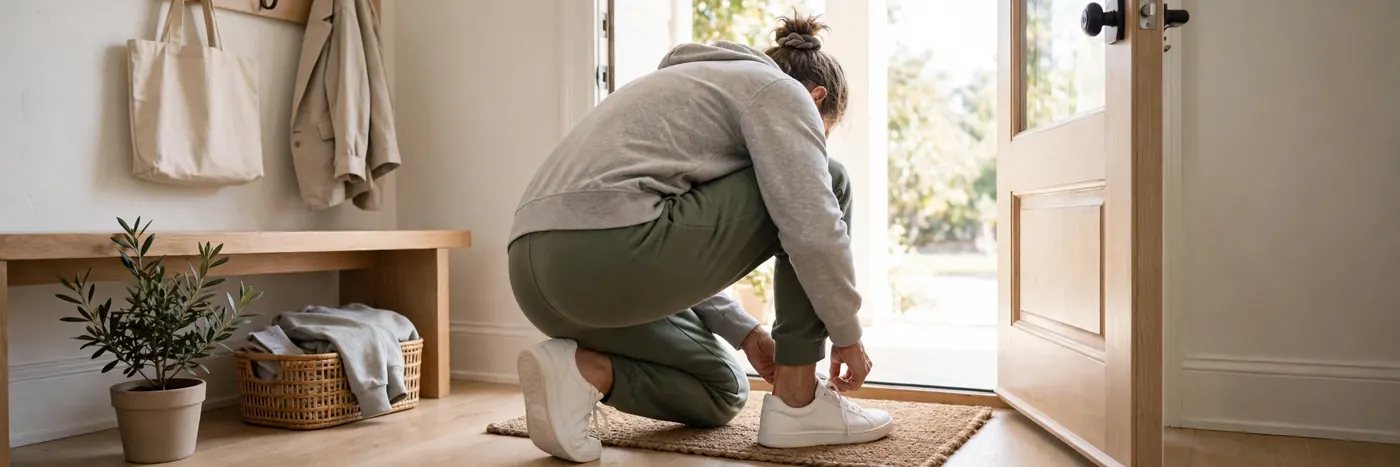 Woman tying her walking shoes by the front door