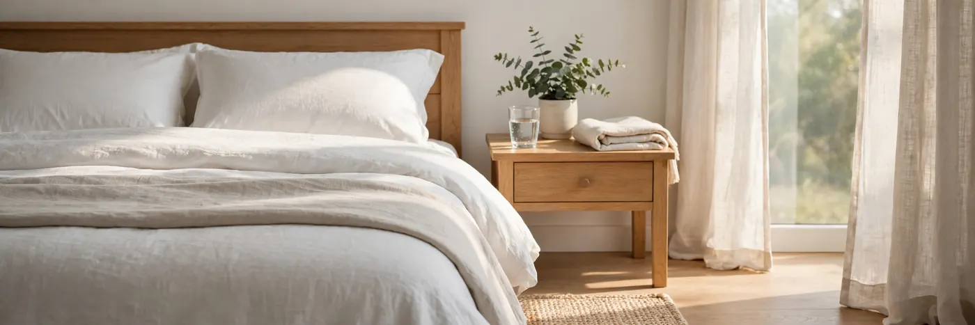 Neatly made bed and a glass of water on the nightstand in morning light