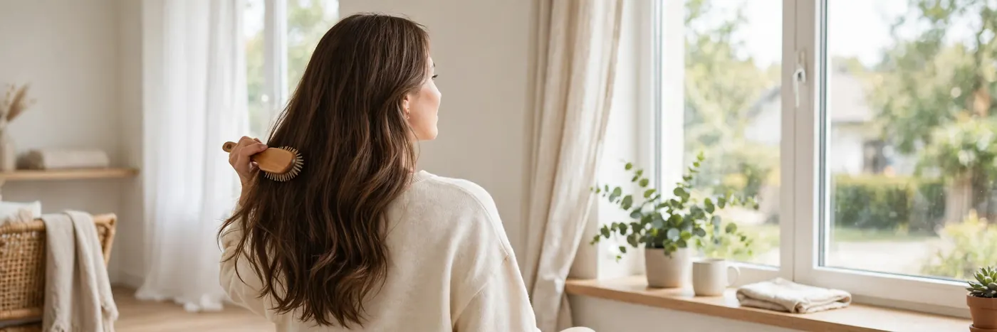 Woman brushing her long hair by a bright window