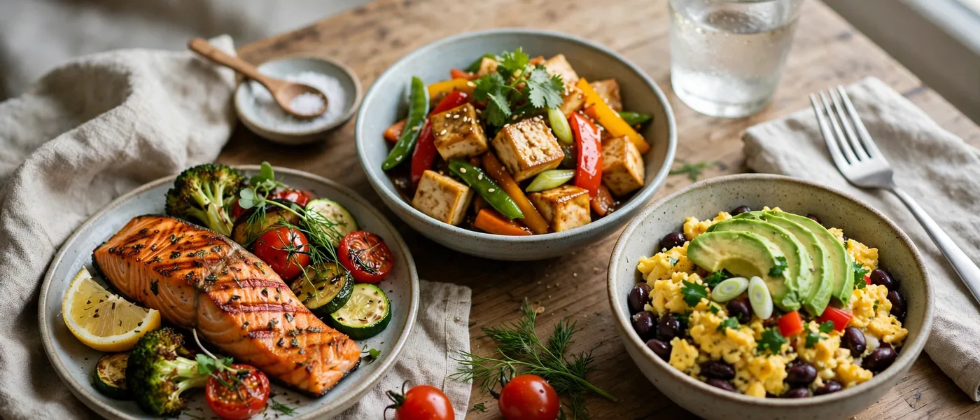 Small high protein meals including salmon, tofu stir fry and eggs with beans