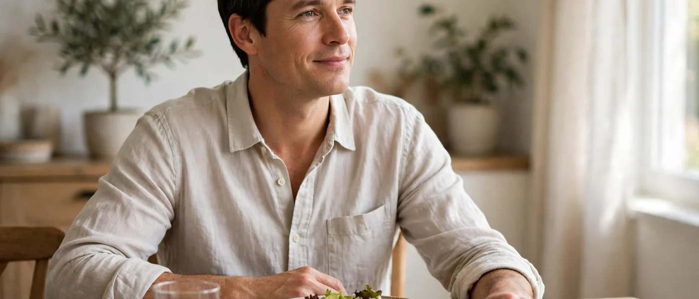 Adult pausing contentedly at a table with a small meal