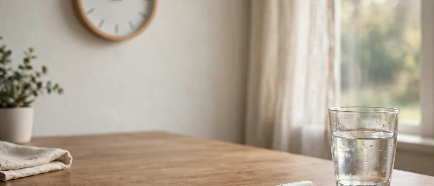 Wooden table with a glass of water and a wall clock in soft morning light