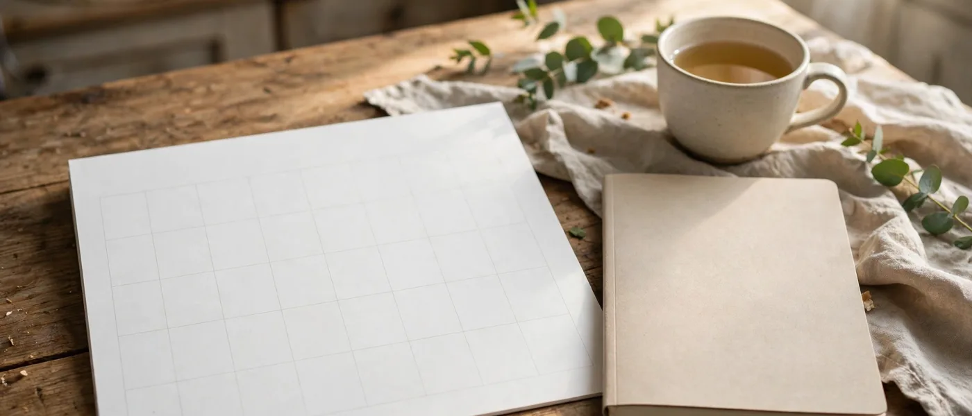 Calendar and notebook on a kitchen table in soft morning light