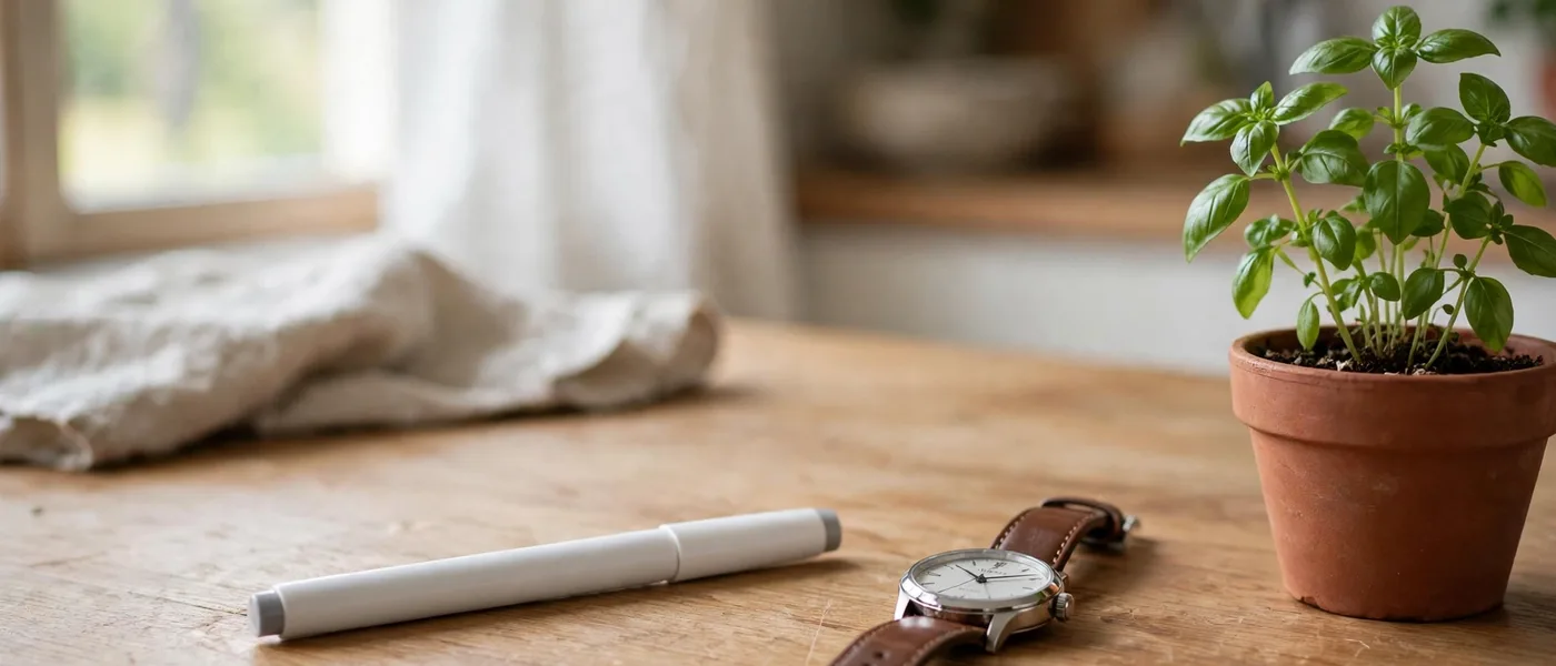 Plain unbranded pen and a wristwatch beside a potted basil plant on a kitchen table