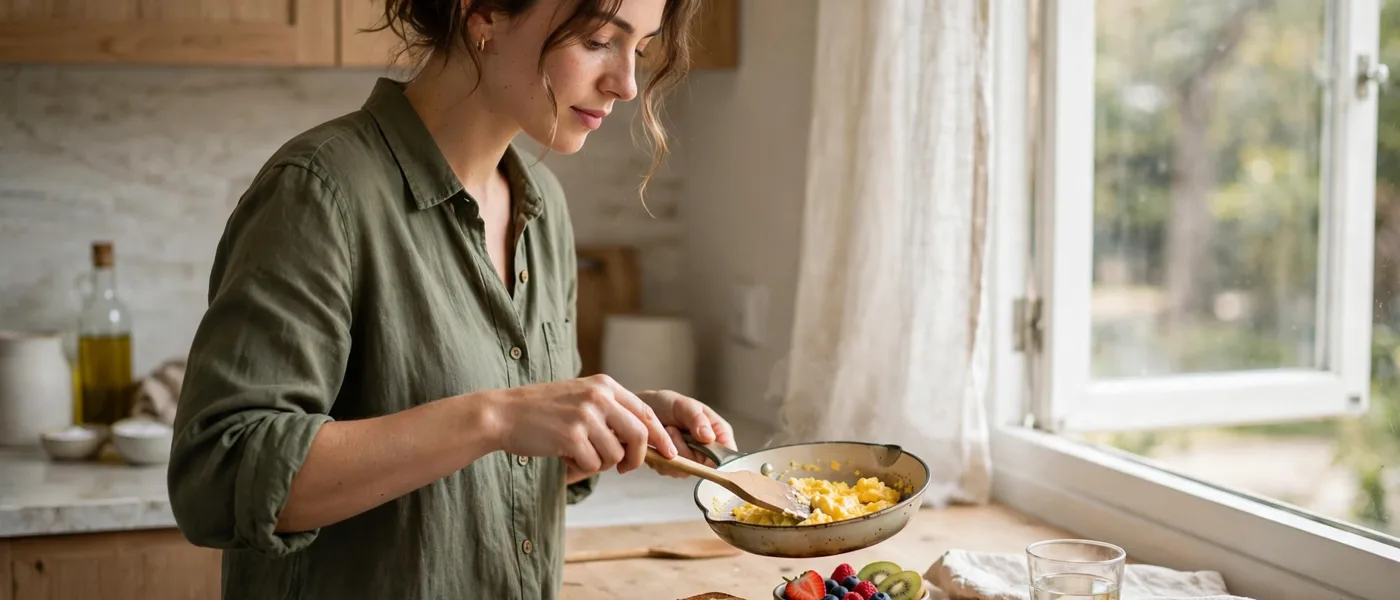 Person preparing a small balanced breakfast beside a window