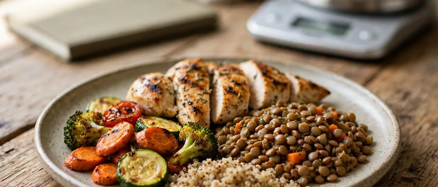 Plate with grilled chicken, lentils, vegetables and grains next to a kitchen scale