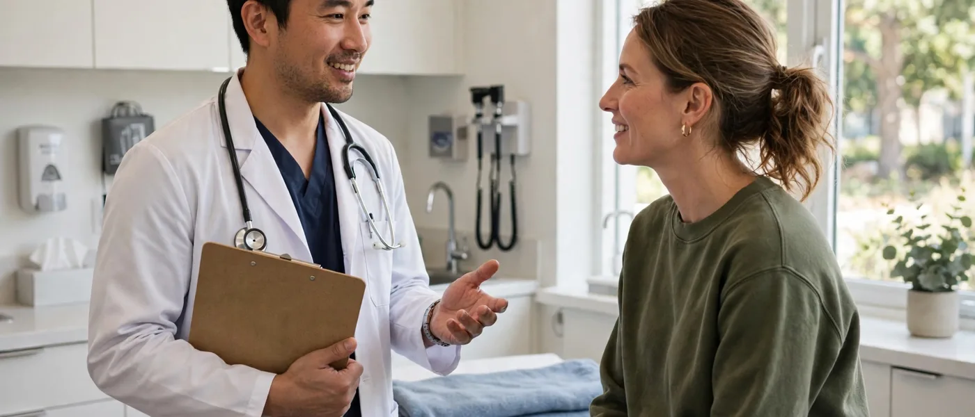 Doctor talking with a patient in a bright clinic room