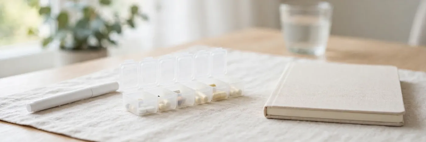 Weekly pill organizer, notebook and a glass of water on a desk