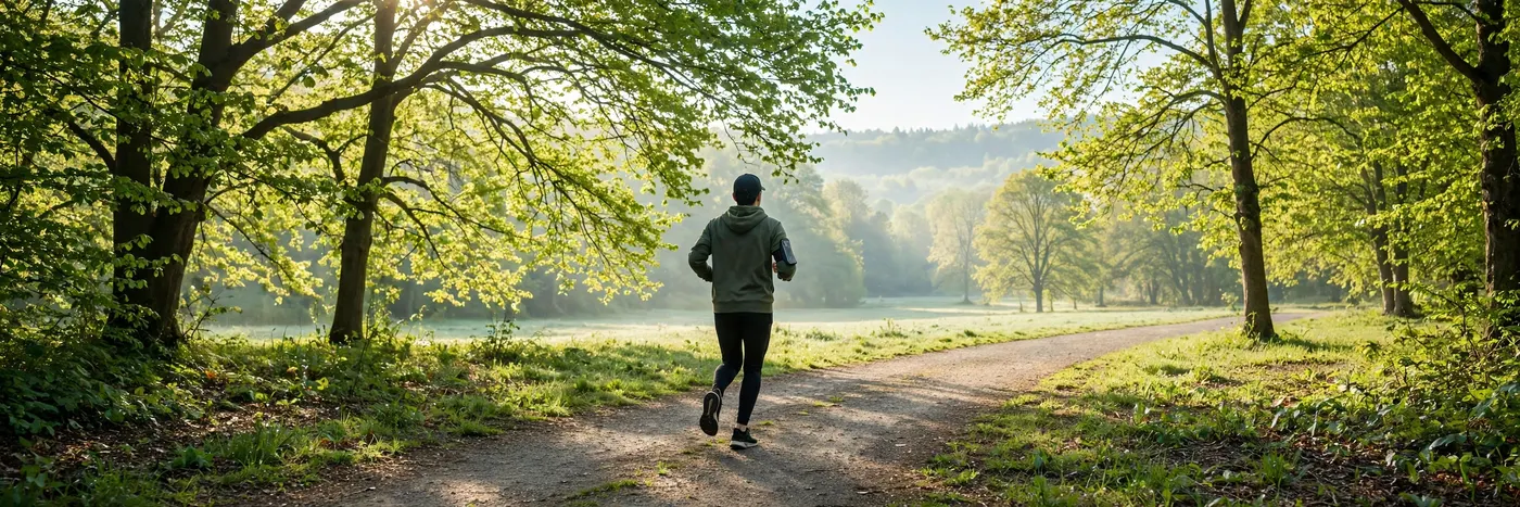 Person jogging on a path in morning light