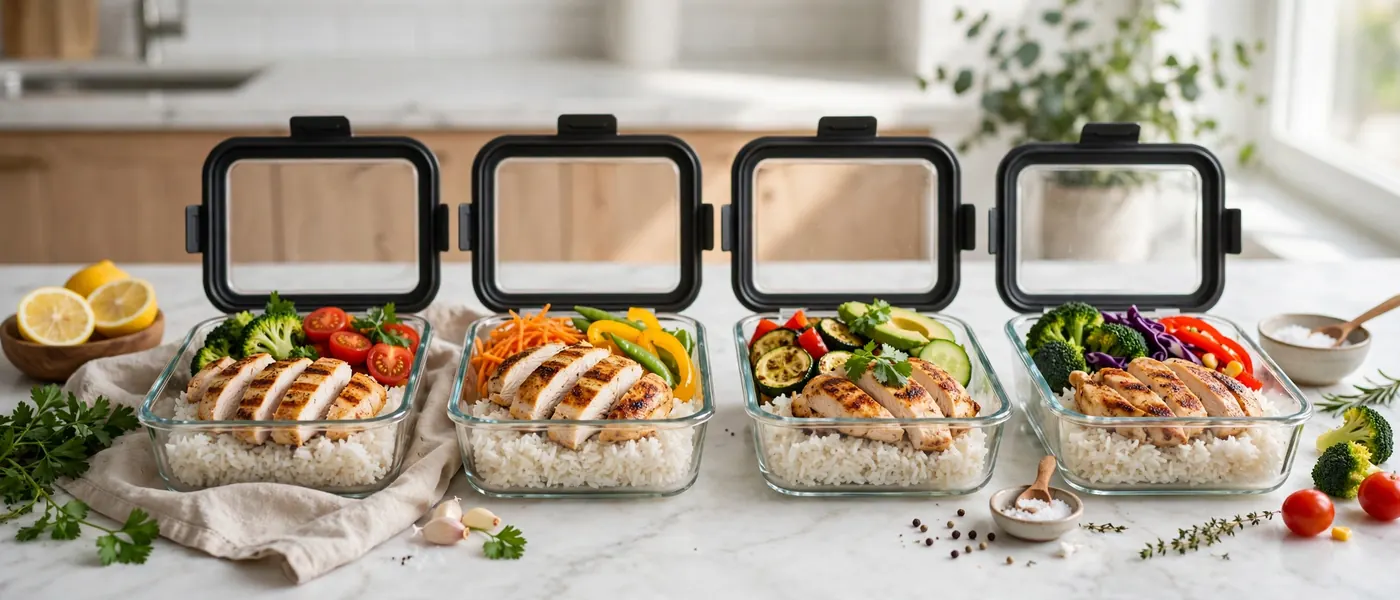 Meal prep containers with rice, grilled chicken and vegetables