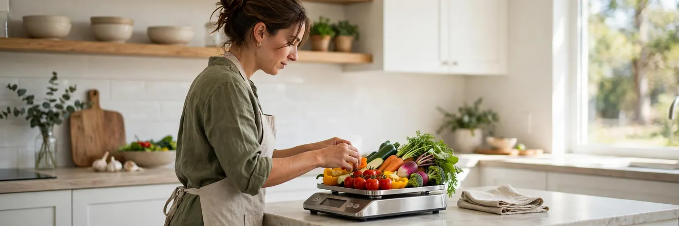 Person weighing fresh vegetables in a bright kitchen
