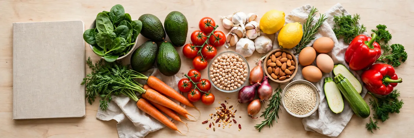 Notebook with groceries and meal ingredients in a flat lay