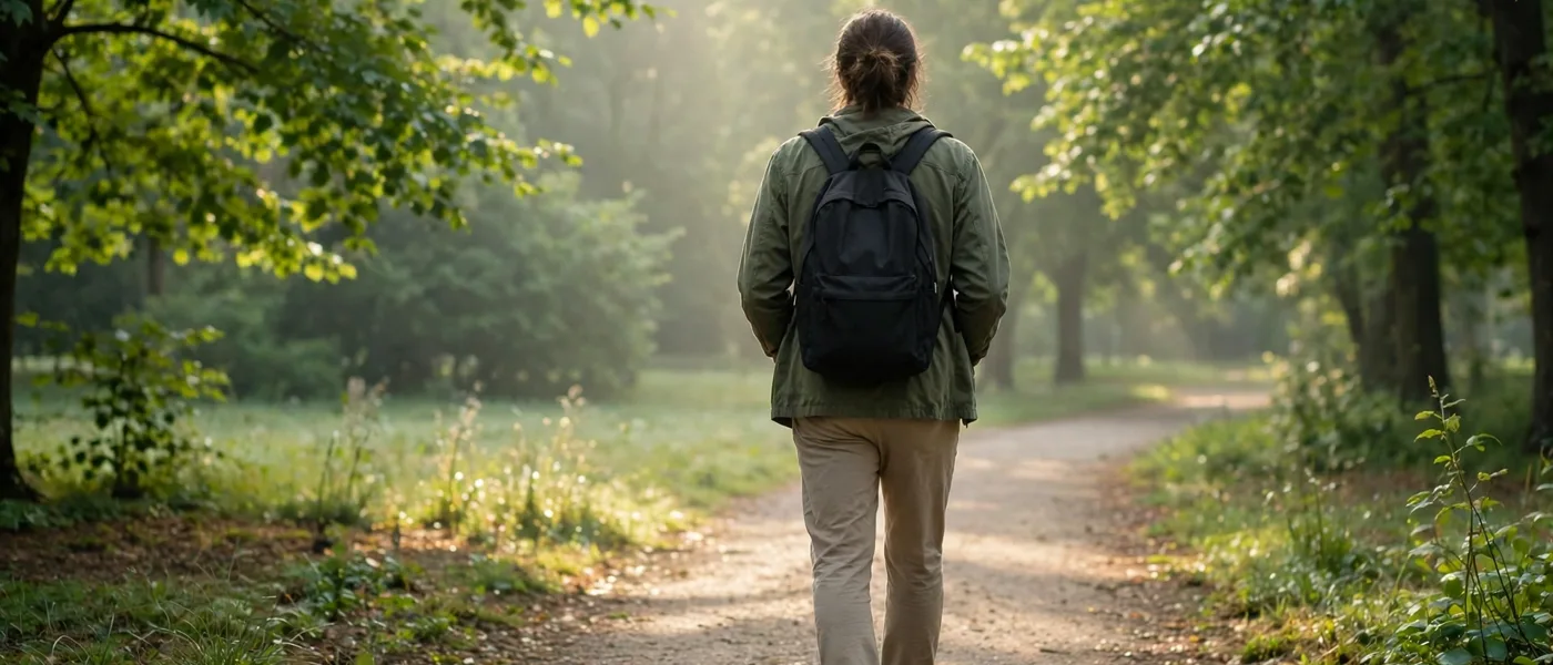 Person walking on a quiet park path in morning light with trees
