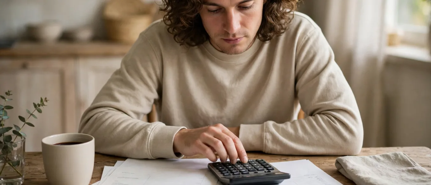 Person reviewing household bills and a plain calculator at a kitchen table, no readable text