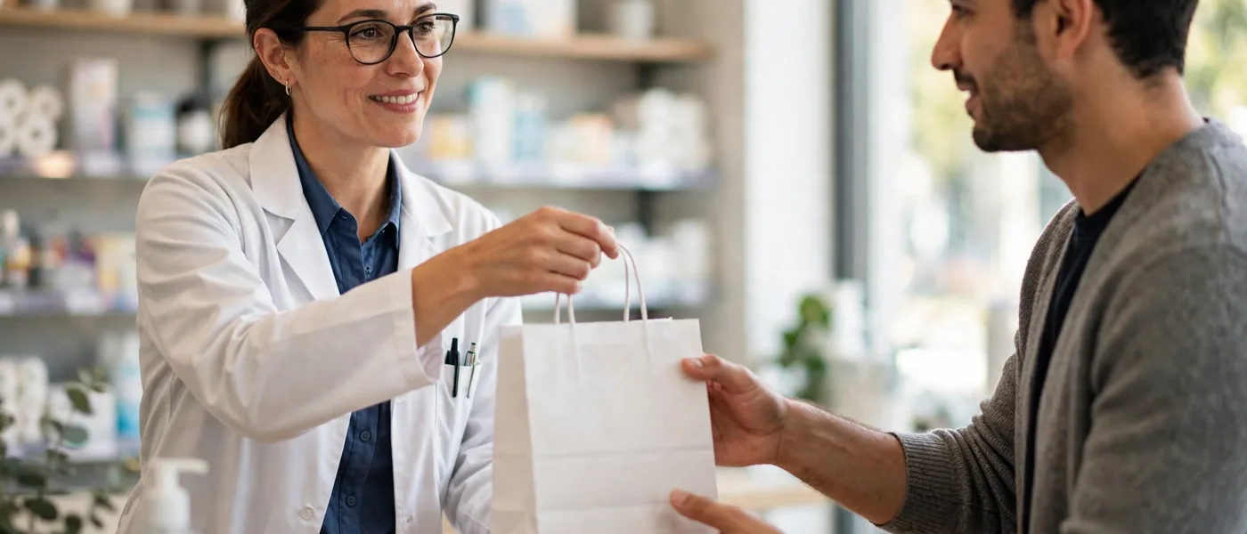 Pharmacist handing a plain pharmacy bag to a customer