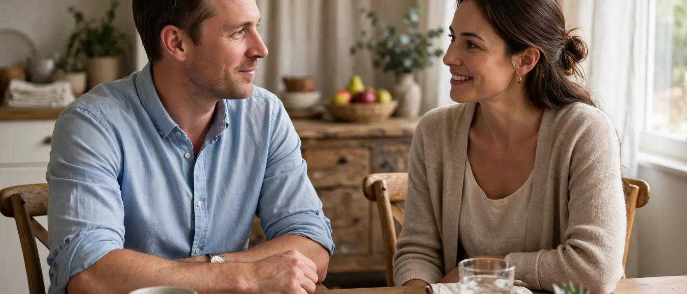Two adults talking together at a home table in soft daylight, one with a rolled up sleeve