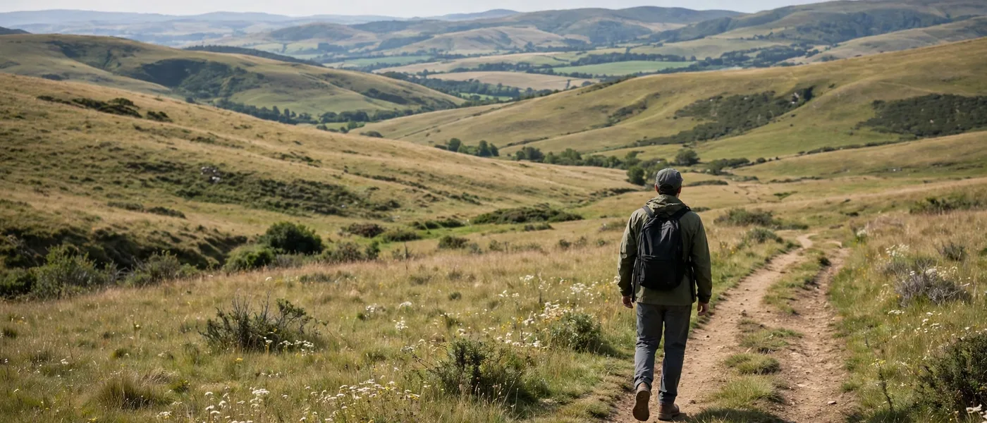 Hiker walking on an open trail with hills in the distance