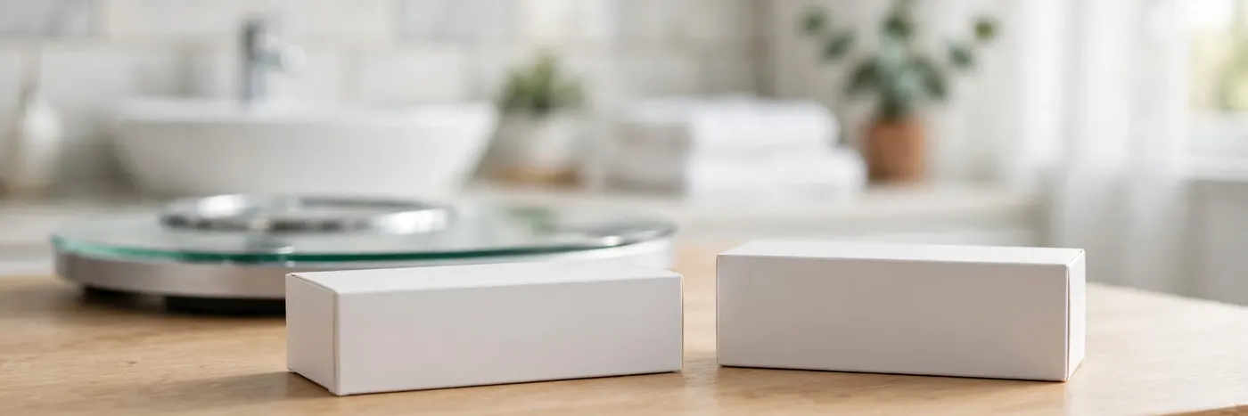 Two plain medicine boxes with a bathroom scale behind them
