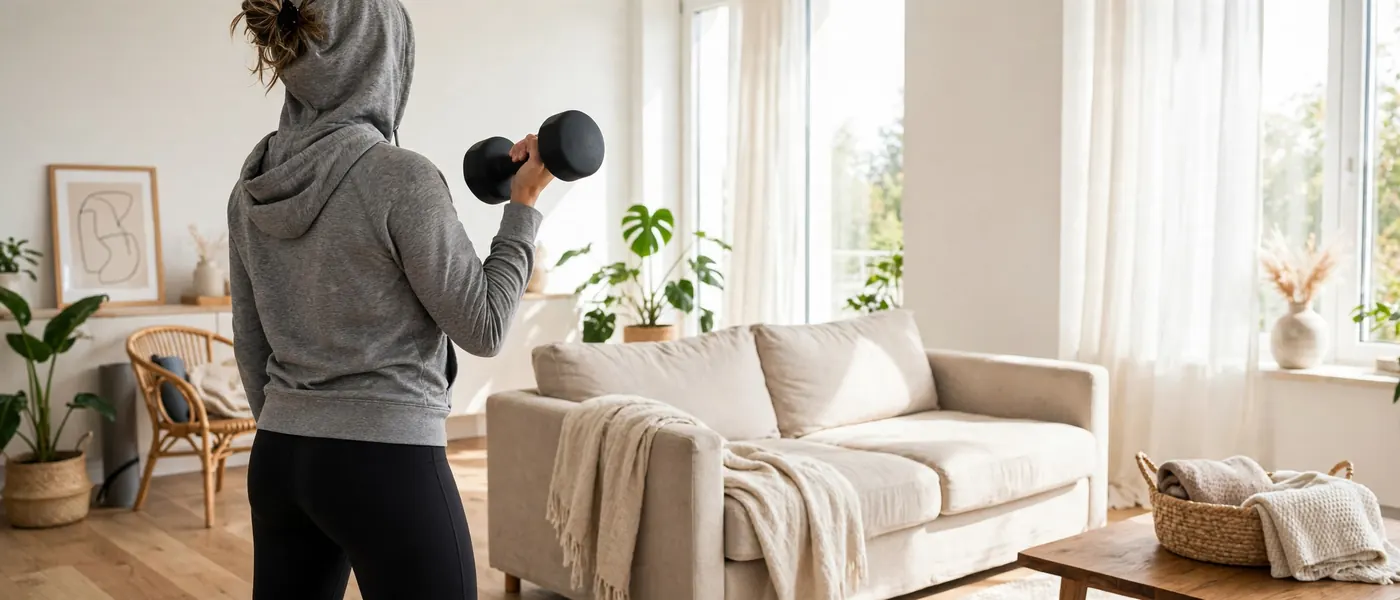 Woman doing a dumbbell exercise at home, seen from behind