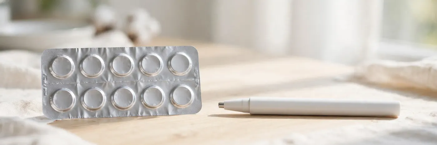 A plain tablet blister pack beside an unbranded injection pen on a table