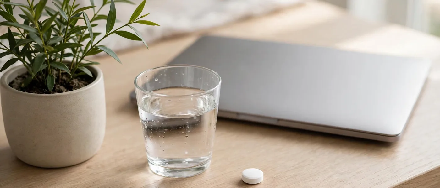 A plain white tablet and a glass of water on a bright desk beside a plant