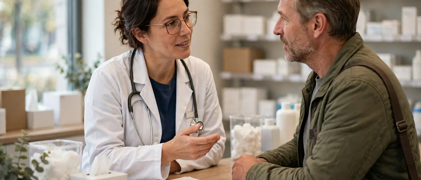Pharmacist talking with a patient at a counter with blank paperwork, no readable text