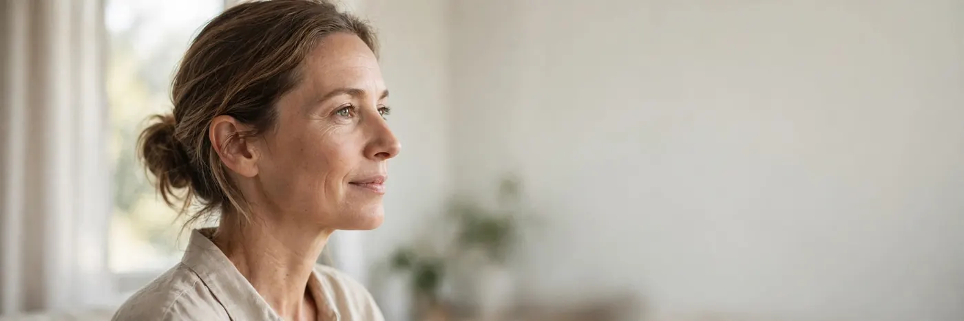 Portrait of a woman in her forties in profile by a window
