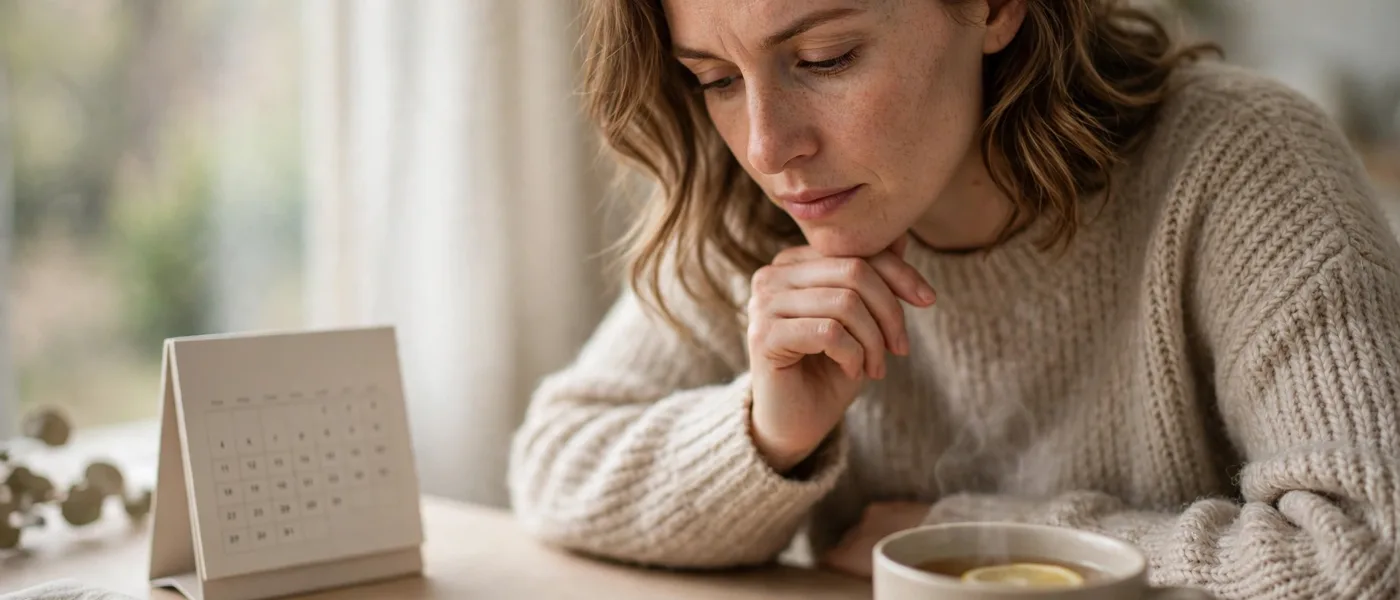 Woman thinking at a desk with a desk calendar and a cup of tea