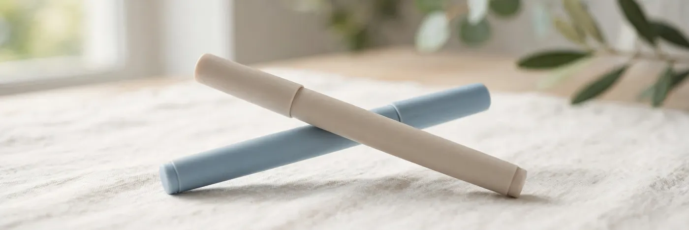 Two unbranded injection pens crossed on a bright table