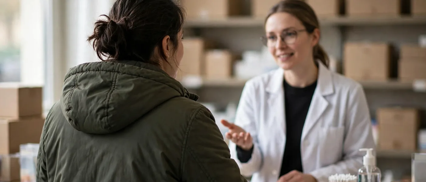 A patient talking with a pharmacist at a pharmacy counter