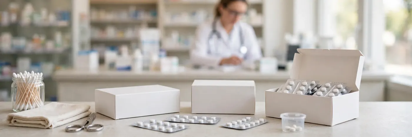 Diabetes medicine packaging on a pharmacy counter, unbranded