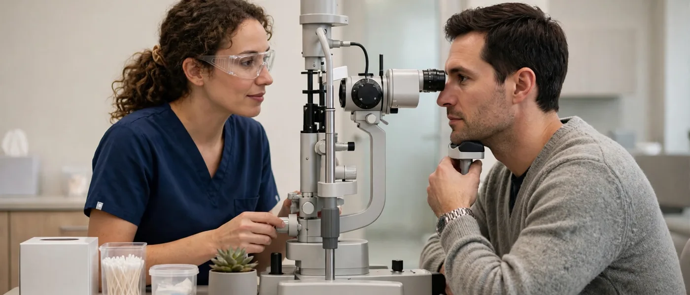 Patient having an eye examination with an eye care professional in a clinic
