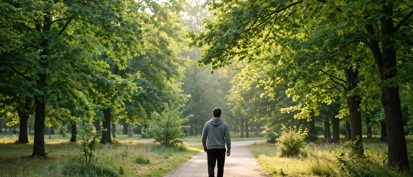 Adult walking on a tree lined park path in soft morning light