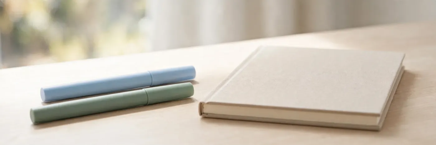 Two unbranded injection pens beside a notebook on a table