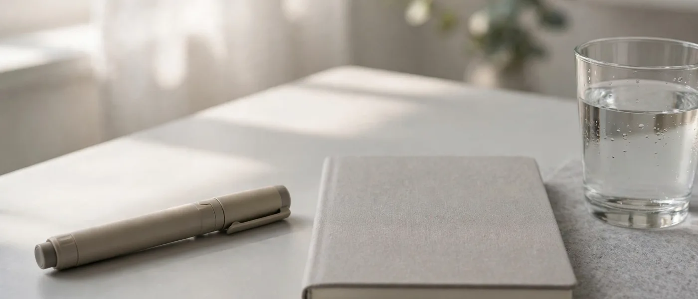 Plain unbranded injection pen on a clinical desk beside a notebook and glass of water