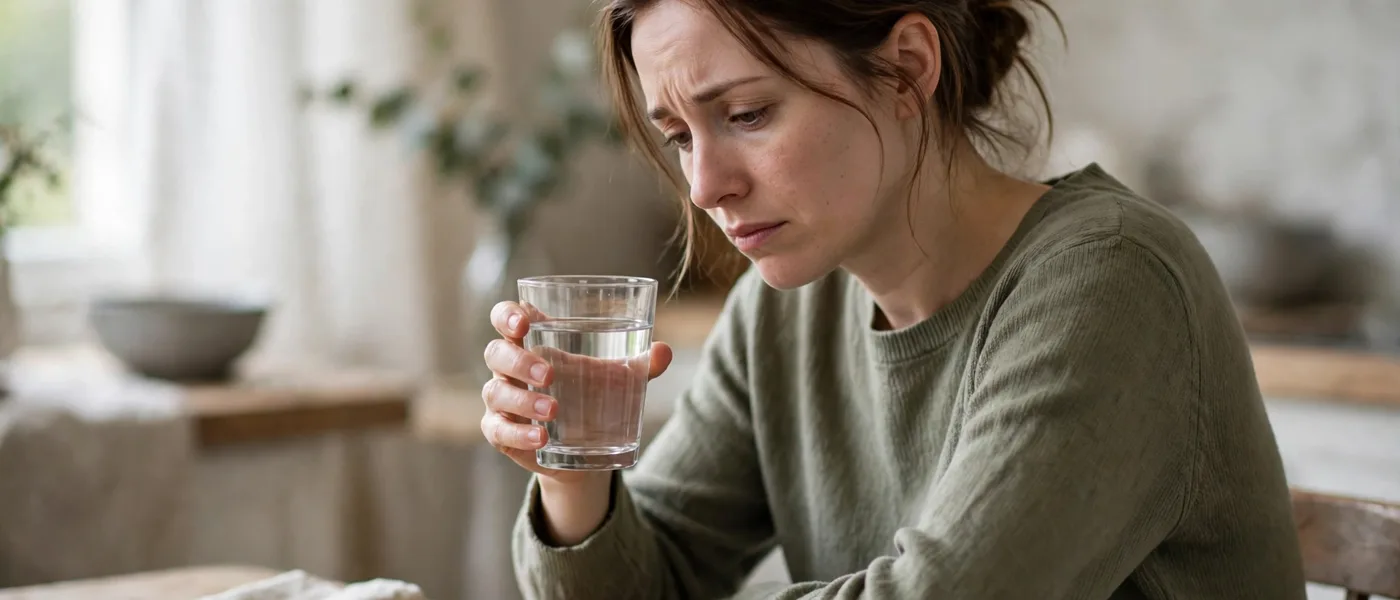 Person at a kitchen table with a glass of water and an untouched small plate of food