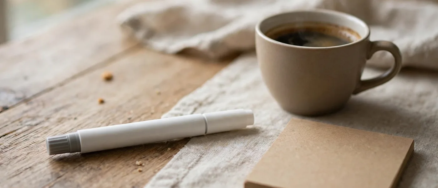 Plain unbranded pen on a wooden table beside a coffee cup